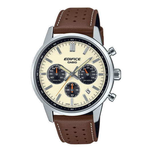 Edifice men's watch with beige dial and leather strap