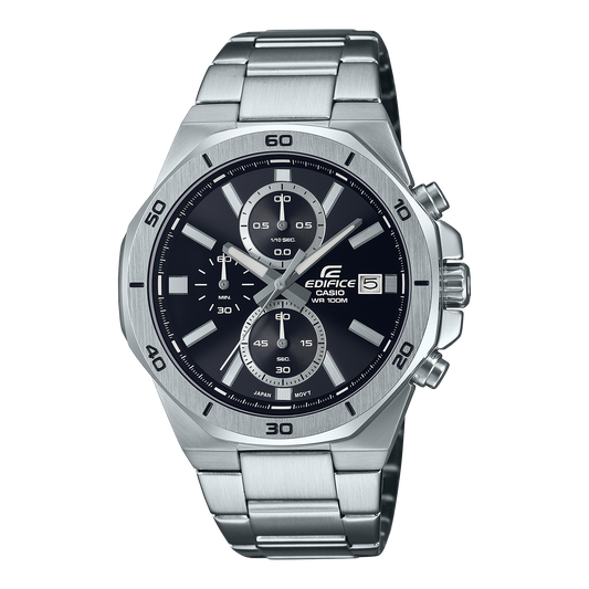 Edifice men analog watch, black dial with silver stainless steel band, model GS-EFV-640D-1AVUDF, Bahrain