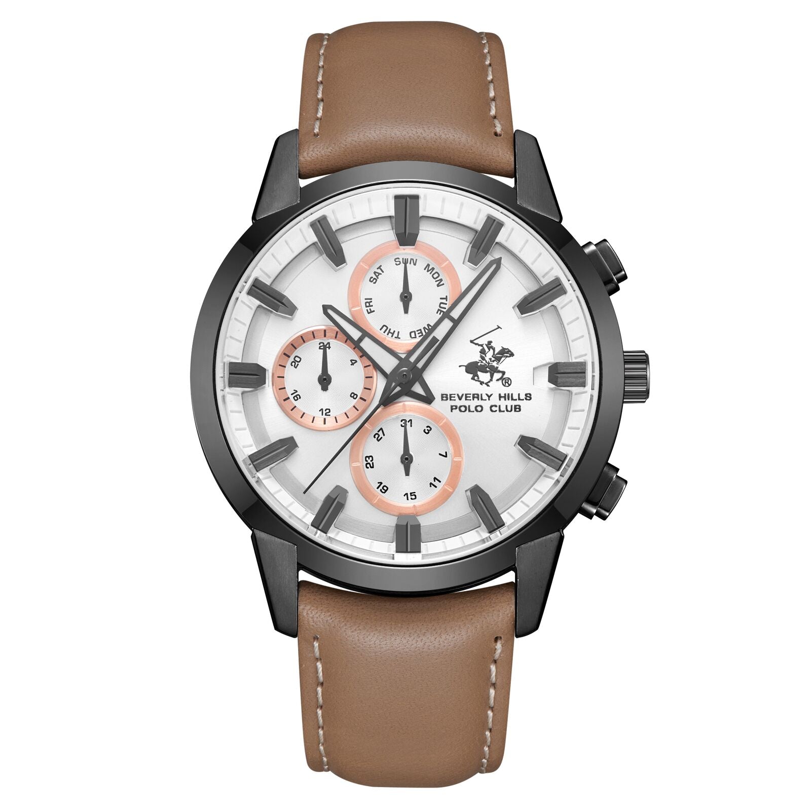 Beverly Hills Polo Club Men's Watch Analog White Dial with Brown Leather Band, BP3666X.067
