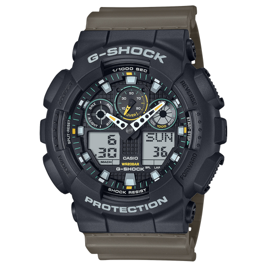 G-Shock men analog watch, digital dial with brown resin band, model GS-GA-100TU-1A3DR, Bahrain