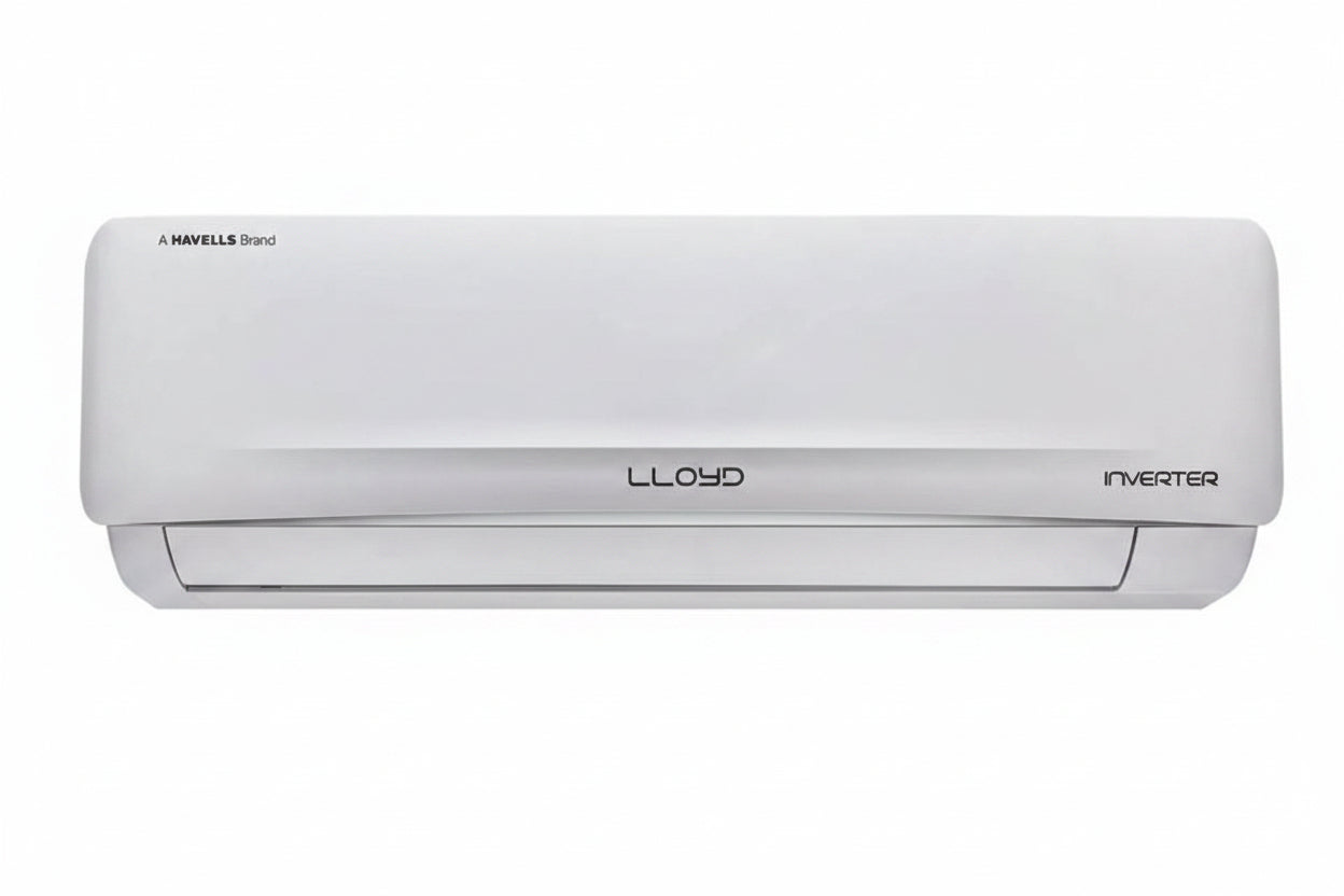 A Lloyd inverter wall-mounted air conditioner split unit in white, featuring an energy efficiency sticker on the left and the Lloyd brand name in the center.