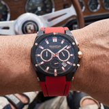 Quantum Men's Choronograph Watch Analog Black Dial with Red Silicone Band, HNG905.658