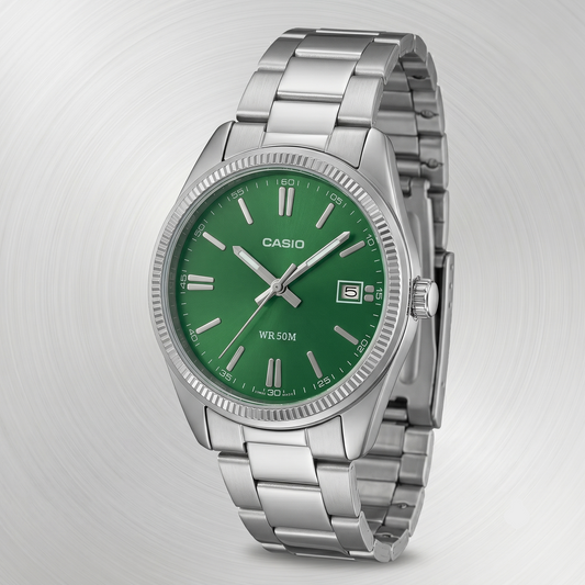 Casio Unisex Analog Watch Green Dial with Silver Stainless Steel Band, UTP-1302PD-3A1VDF