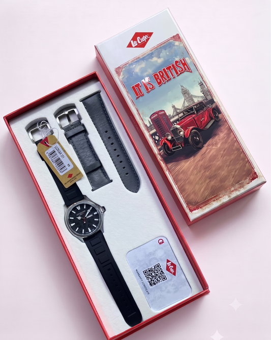 Lee Cooper Men's Analog Watch Gift Set with Black Dial and Black Silicone Band, LC08364.351