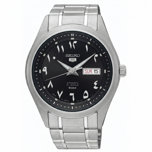Seiko 21 Jewels Arabic Dial Men's Automatic Watch Analog Black Dial with Silver Stainless Steel Band, SNKP21J authentic Seiko watch with original box and warranty papers