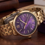 Lee Cooper Women's Analog Watch with Purple Mother Of Pearl Dial and Gold Stainless Steel Band, LC08371.180
