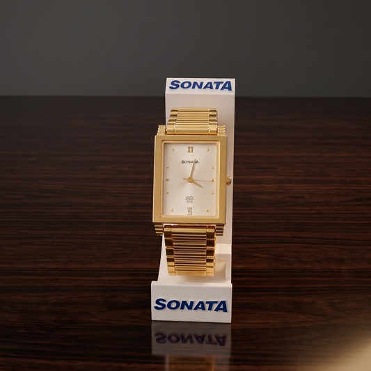 Sonata Men's Watch Analog White Dial With Gold Stainless Steel Band, 7058YM01