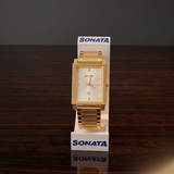 Sonata Men's Watch Analog White Dial With Gold Stainless Steel Band, 7058YM01