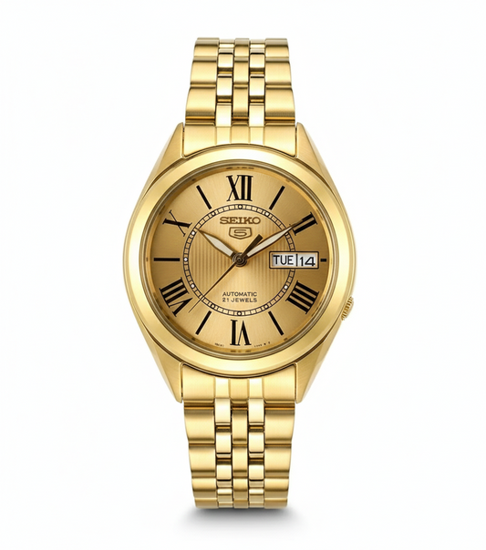 Seiko Men's Mechanical Watch Analog, Gold Dial with Gold Stainless Band, SNKL38K authentic Seiko watch with original box and warranty papers