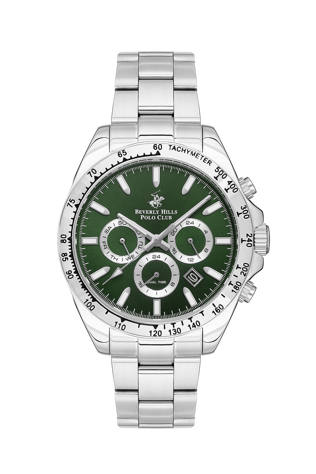 Beverly Hills Polo Club Men's Watch Analog Green Dial with Silver Stainless Steel Band, BP3127X.370