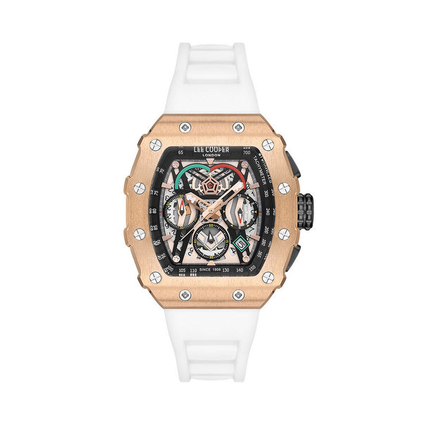 Lee Cooper,Men's Multifunction Watch Analog, Rose Gold Dial White Silicone Strap,LC07810.452