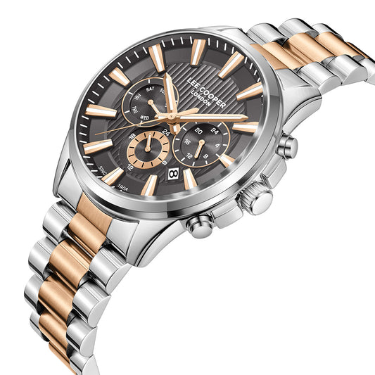 Lee Cooper Men's Multifunction Watch with Gunmetal Dial and Silver/Rose Gold Stainless Steel Band, LC08216.550