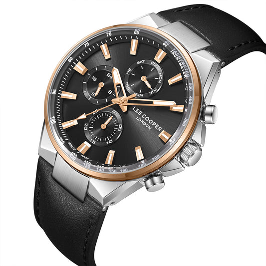 Lee Cooper Men's Multifunction Watch with Black Dial and Black Leather Band, LC08223.551