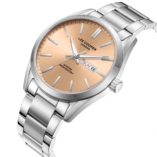 Lee Cooper Men's Date Analog Watch with Rose Gold Dial and Stainless Steel Band, LC08340.301