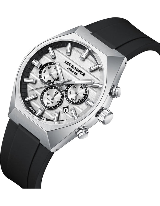 Lee Cooper Men's Multifunction Watch with Silver Dial and Black Silicone Band, LC08388.331