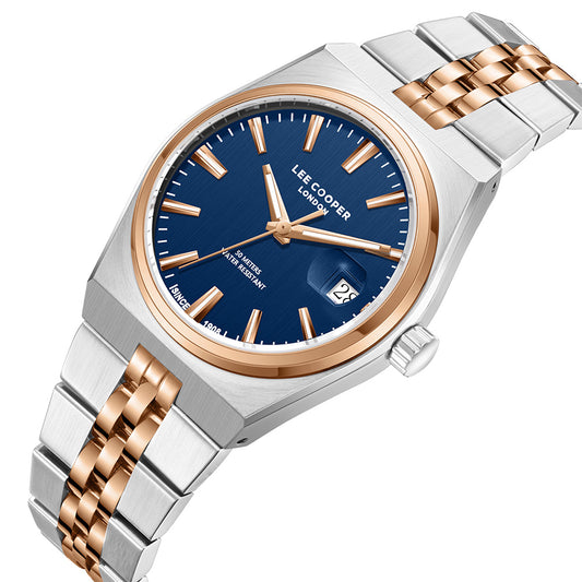 Lee Cooper Men's Date Analog Watch with Blue Dial and Silver/Rose Gold Stainless Steel Band, LC08397.290