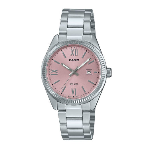 Casio men analog watch, pink dial with silver stainless strap, model CS-LTP-1302DD-4A1VDF, Bahrain