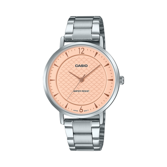 Casio men analog watch, pink dial with silver stainless steel band, model CS-LTP-VT04D-4ADF, Bahrain