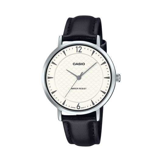 Casio men analog watch, white dial with black leather strap, model CS-LTP-VT04L-7A2DF, Bahrain