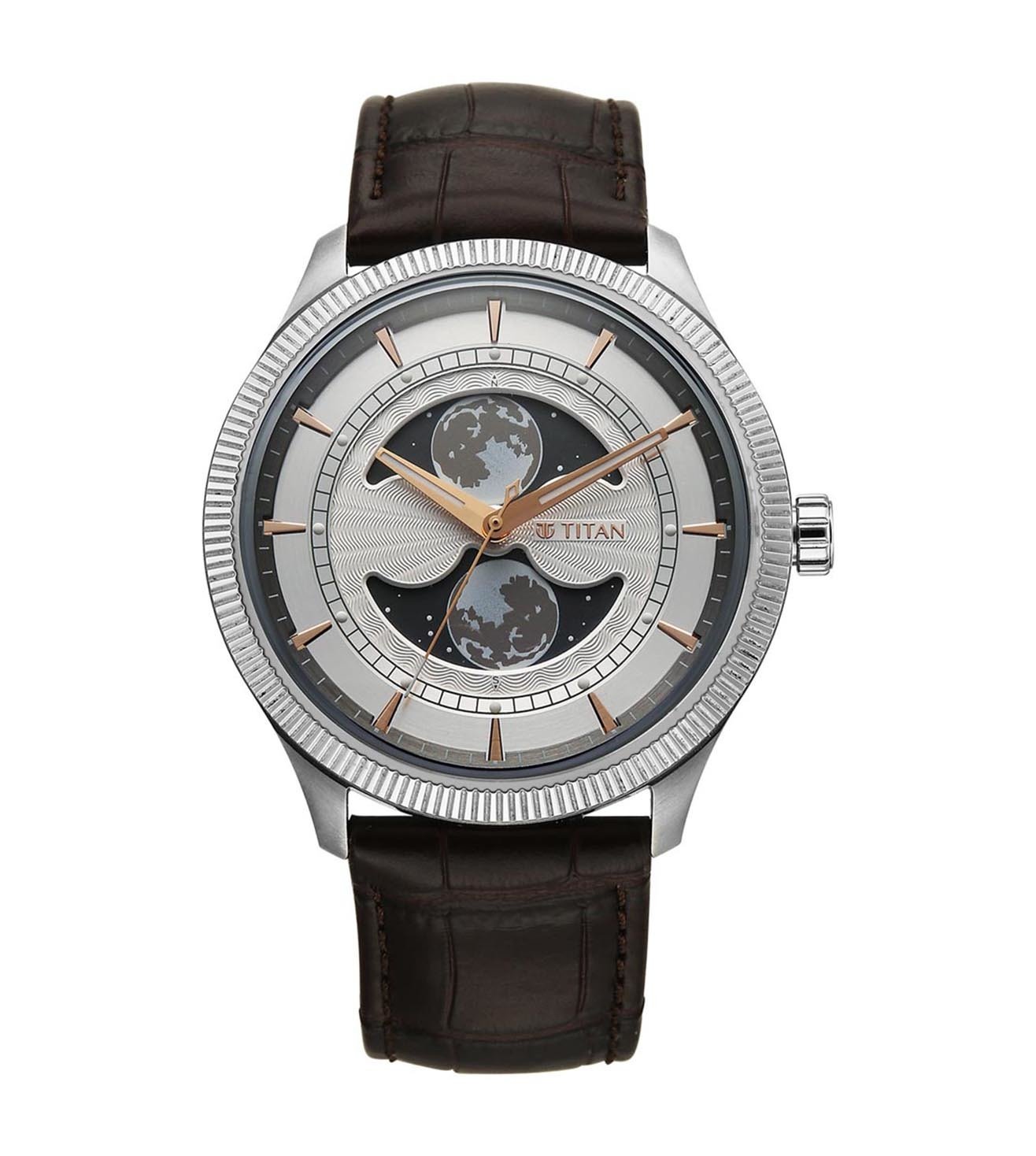 Titan Stellar Analog Men's Watch with Dual Moon Phase and Silver Dial and Brown Leather Strap, 10050SL01
