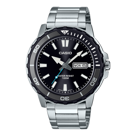 Casio men analog watch, black dial with silver stainless steel band, model CS-MTD-125D-1A3VDF, Bahrain