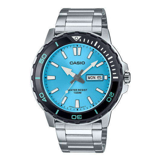 Casio men analog watch, blue dial with silver stainless steel band, model CS-MTD-125D-2A3VDF, Bahrain