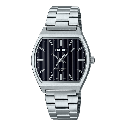 Casio men analog watch, black dial with silver stainless steel band, model CS-MTP-B140D-1AVDF, Bahrain