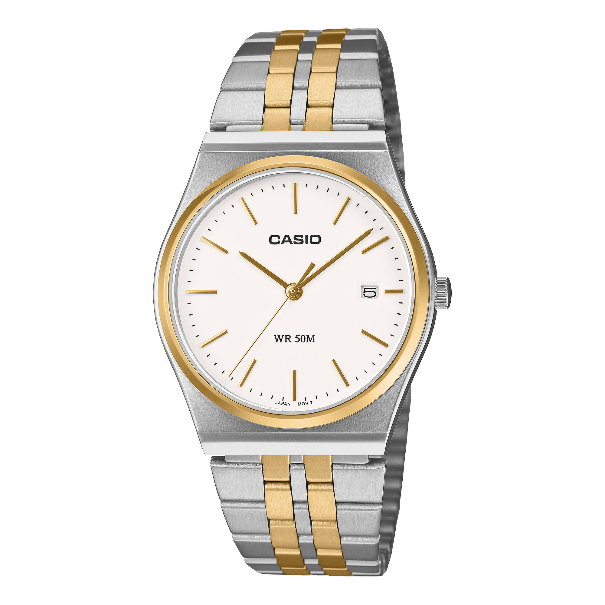 Casio Men's Analog Watch, White Dial With Silver & Gold Stainless Steel Band, MTP-B145SG-7AVDF | Kewalrams Bahrain