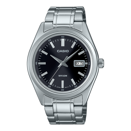 Casio men analog watch, black dial with silver stainless steel band, model CS-MTP-B180D-1A1VDF, Bahrain