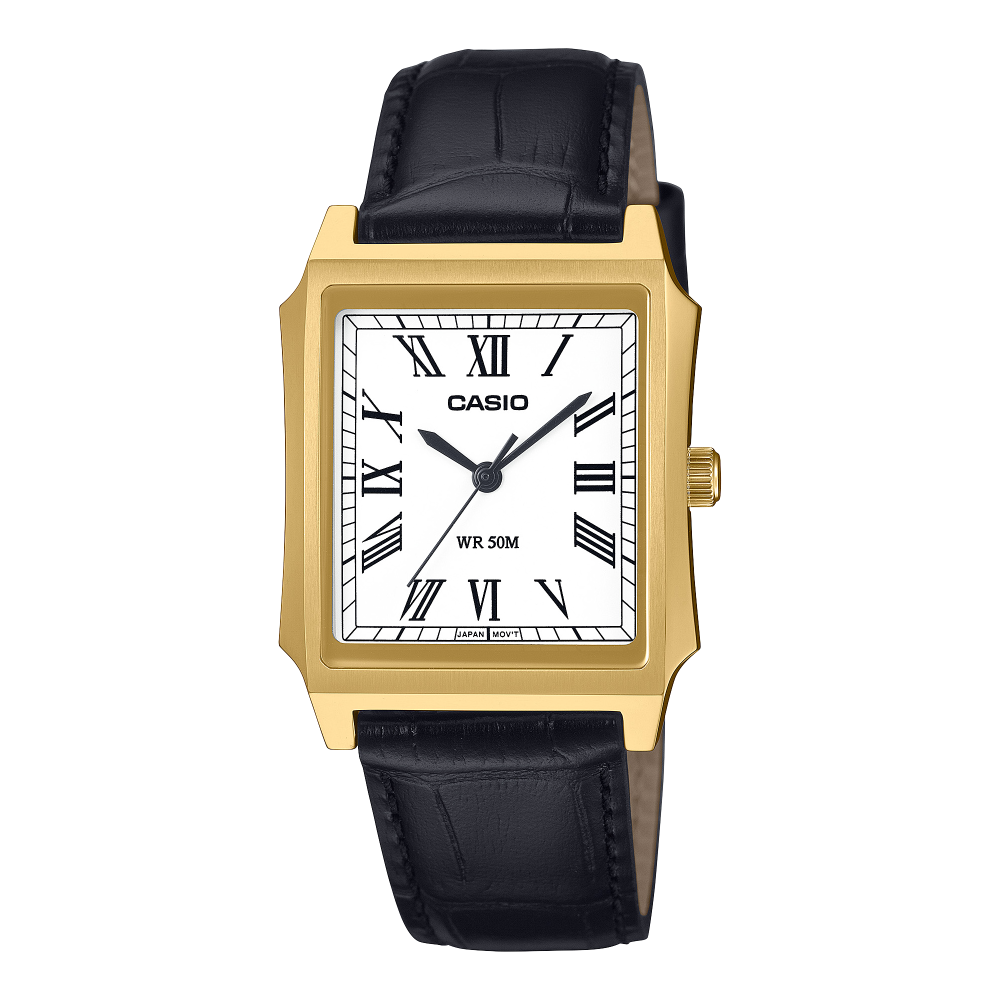 Casio men analog watch, white dial with leather strap, model CS-MTP-B190GL-7BVDF, Bahrain