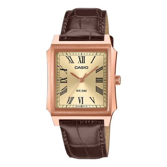 Casio Men's Analog Watch, Champagne Dial With Brown Genuine Leather Band, MTP-B190RGL-9BVDF | Kewalrams Bahrain