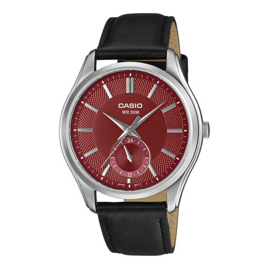 Casio Men's Analog Watch, Red Dial With Brown Genuine Leather Band, MTP-B315L-4AVDF | Kewalrams Bahrain