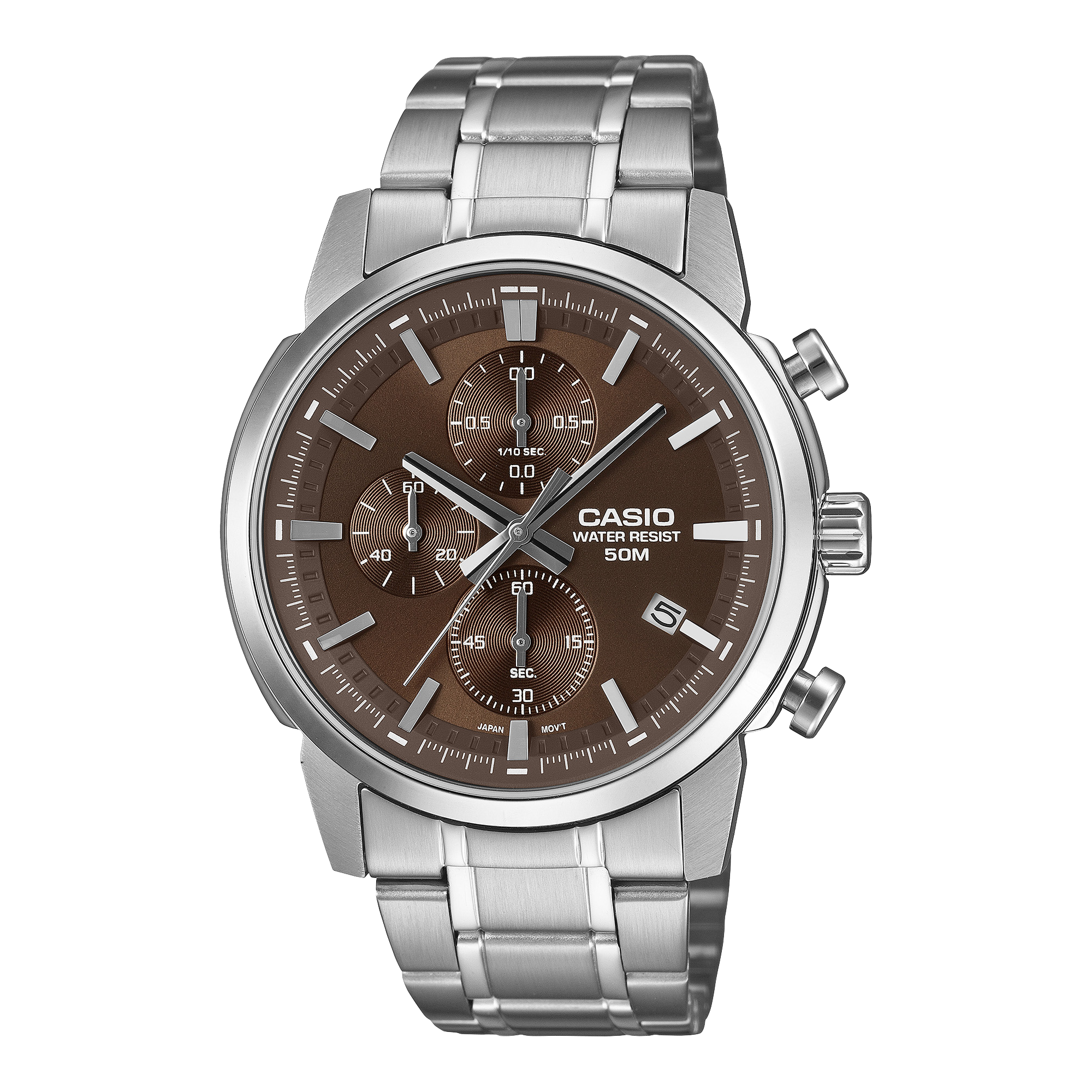 Casio Men's Chronograph Analog Watch, Brown Dial With Silver Stainless Steel Band, MTP-E510D-5AVDF | Kewalrams Bahrain