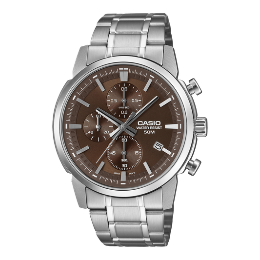 Casio Men's Chronograph Analog Watch, Brown Dial With Silver Stainless Steel Band, MTP-E510D-5AVDF | Kewalrams Bahrain