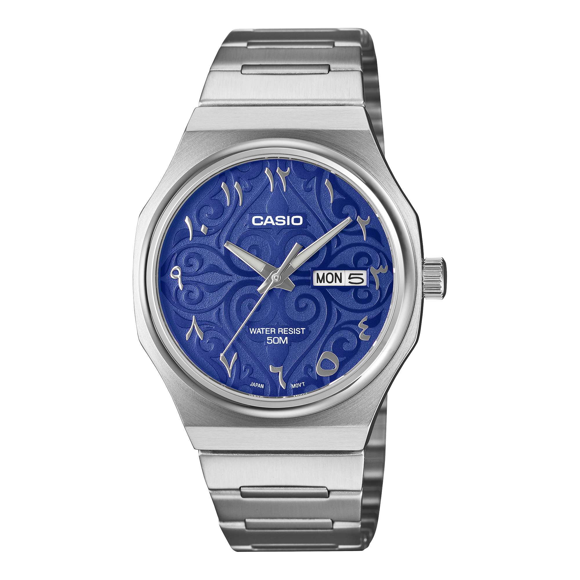 Casio Men's Watch Arabic Dial Collection Analog, Pale Ice Blue Dial with Silver Stainless Steel Strap, MTP-E735AR-2A2VDF