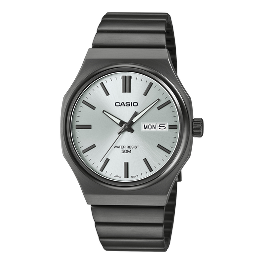 Casio men analog watch, silver dial with grey stainless steel band, model CS-MTP-E735B-7AVDF, Bahrain