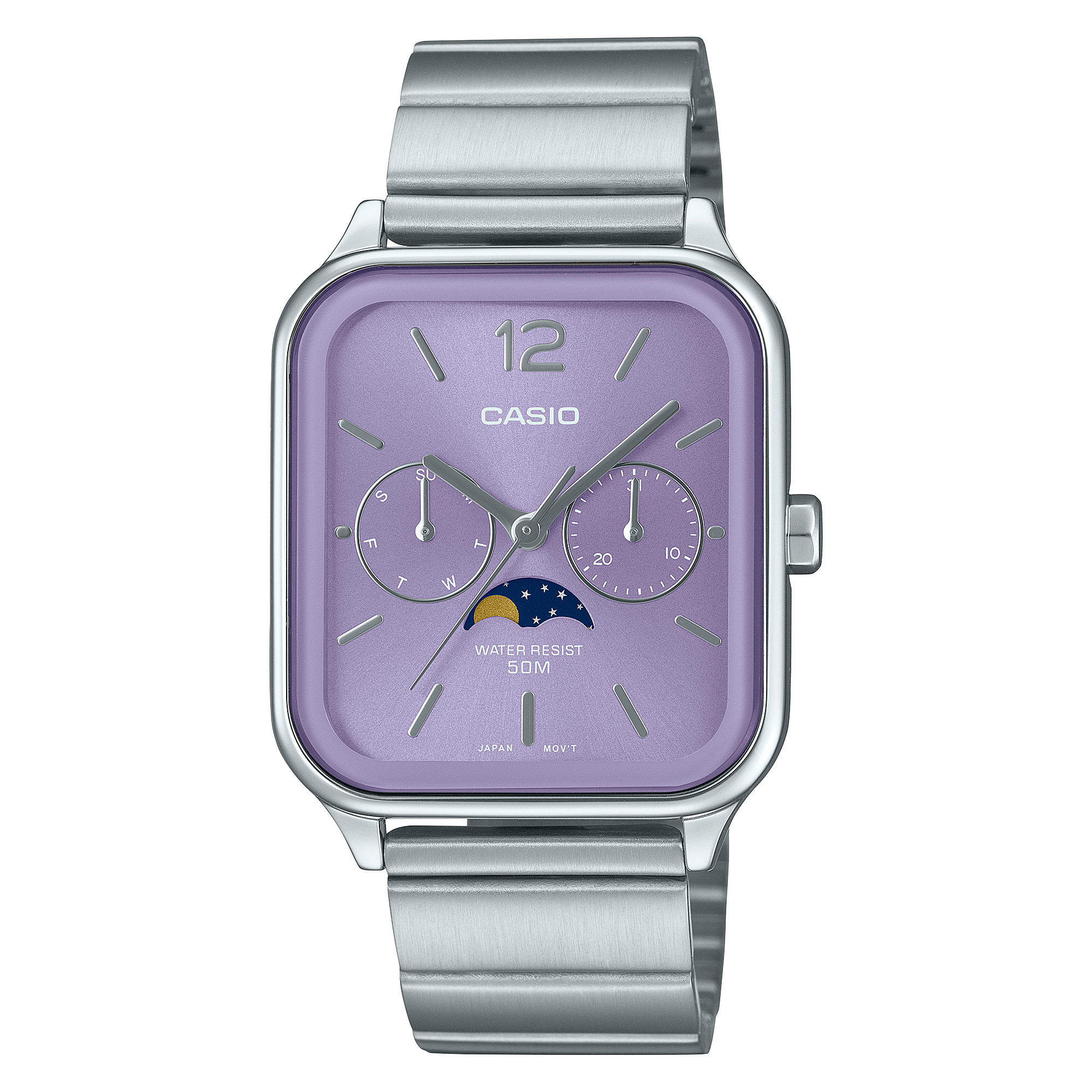 Casio Moon Phase Men's Watch Purple Dial Silver Stainless Steel Band, MTP-M305D-6AVDF