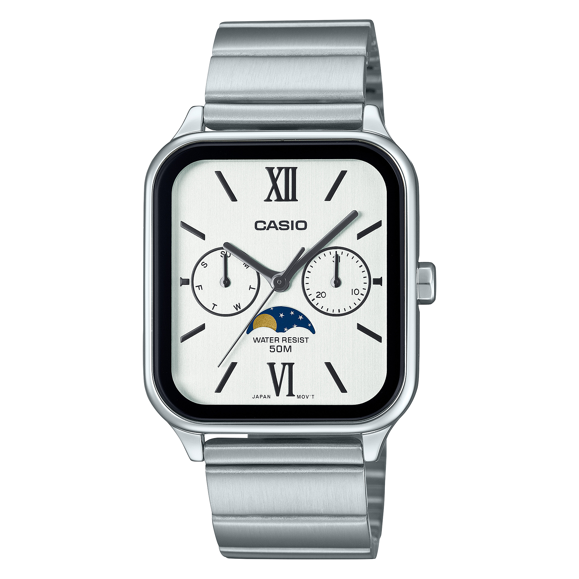 Casio Moon Phase Men's Watch White Dial Silver Stainless Steel Band, MTP-M305D-7A2VDF