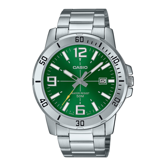 Casio men analog watch, green dial with silver stainless steel band, model CS-MTP-VD01D-3BVUDF, Bahrain