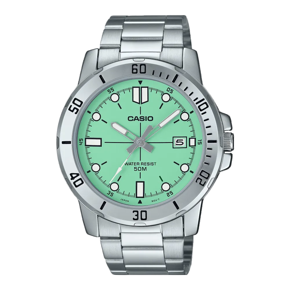 Casio men analog watch, green dial with silver stainless steel band, model CS-MTP-VD01D-3E1VUDF, Bahrain