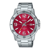 Casio men analog watch, red dial with silver stainless steel band, model CS-MTP-VD01D-4BVUDF, Bahrain