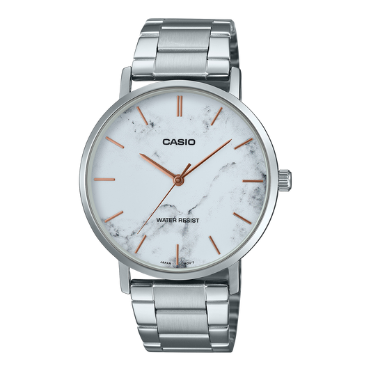 Casio men analog watch, white dial with silver stainless steel band, model CS-MTP-VT01DM-7AUDF, Bahrain