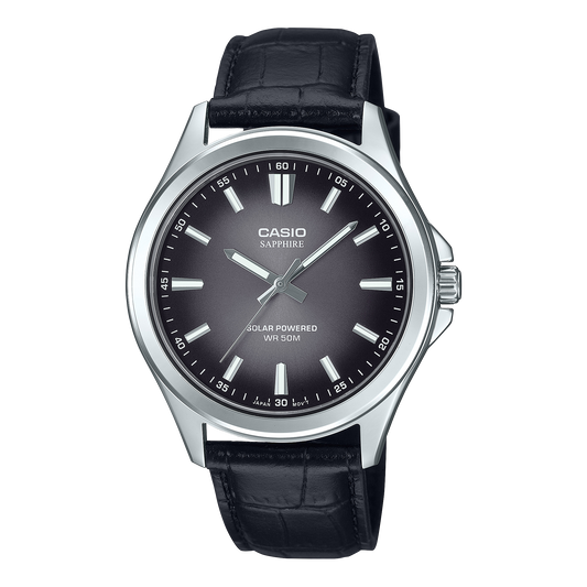 Casio men analog watch, black dial with black leather strap, model CS-MTS-RS100L-1AVDF, Bahrain