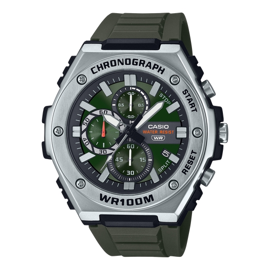 Casio men analog watch, green dial with green resin band, model CS-MWA-300H-3AVDF, Bahrain