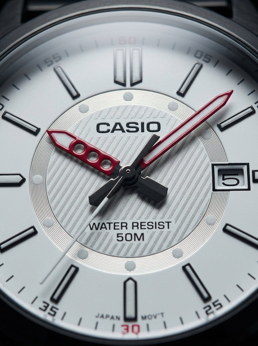 Casio, Men's Analog Watch, White Dial Black Stainless Steel Band, MTP-E700B-7EVDF product image