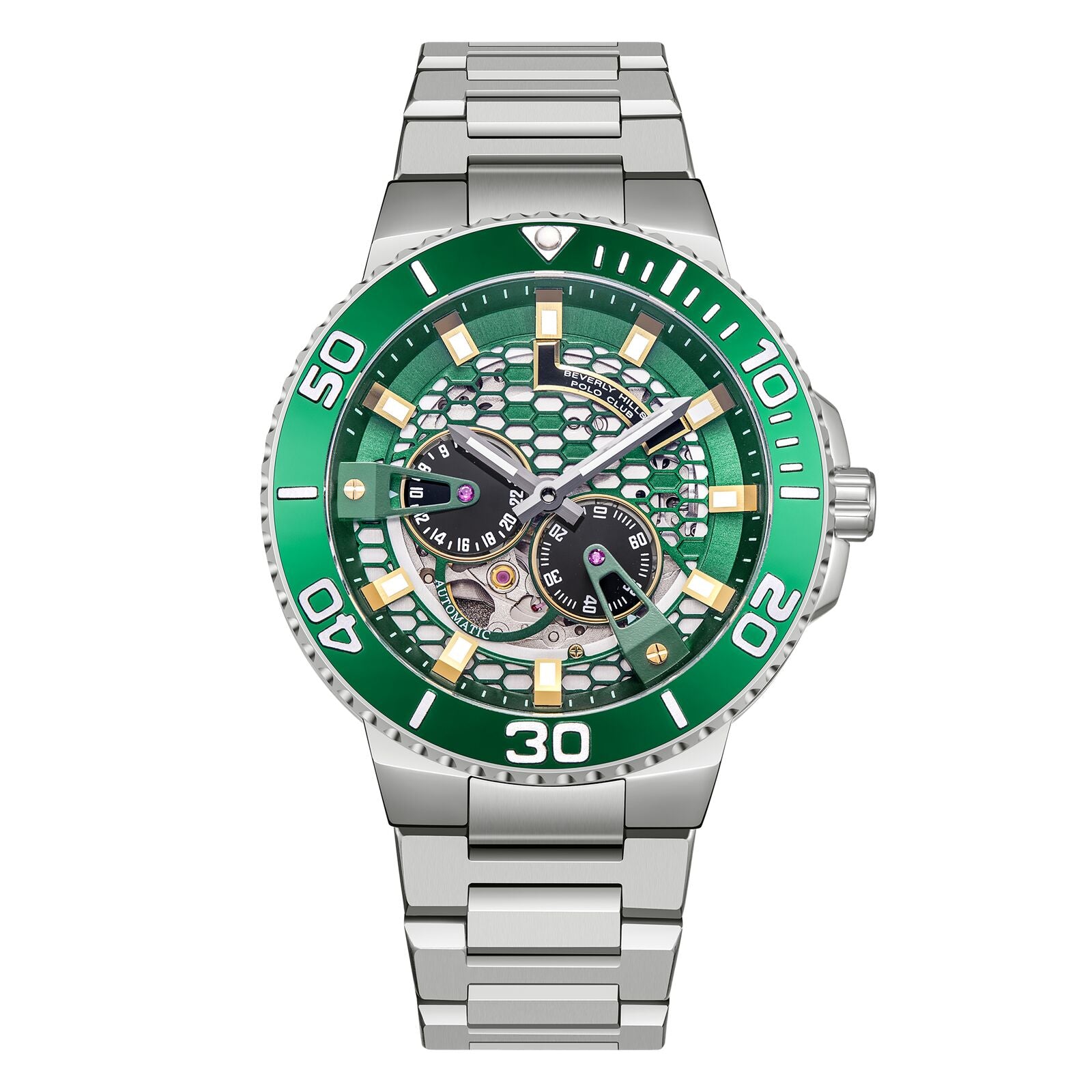 Beverly Hills Polo Club Men's Automatic Watch Analog Green Dial with Silver Stainless Steel Band, BP3702X.370