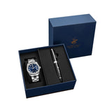 Beverly Hills Polo Club Men's Watch Gift Set Blue Dial With Silver Stainless Steel Band, BP3664X.370