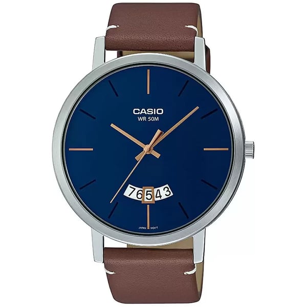 Casio, Men’s Watch Analog, Blue Dial Brown Leather Band, MTP-B100L-2EVDF