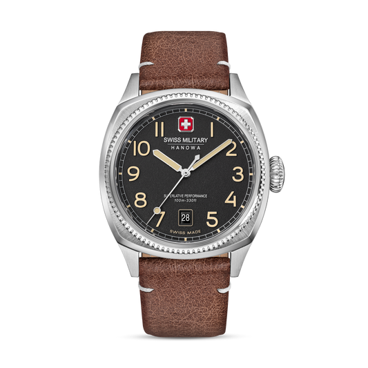 Swiss Military Hanowa Men's Analog Watch Black Dial with Brown Leather Strap, SMWGB0003701