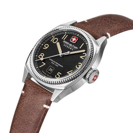 Swiss Military Hanowa Men's Analog Watch Black Dial with Brown Leather Strap, SMWGB0003701